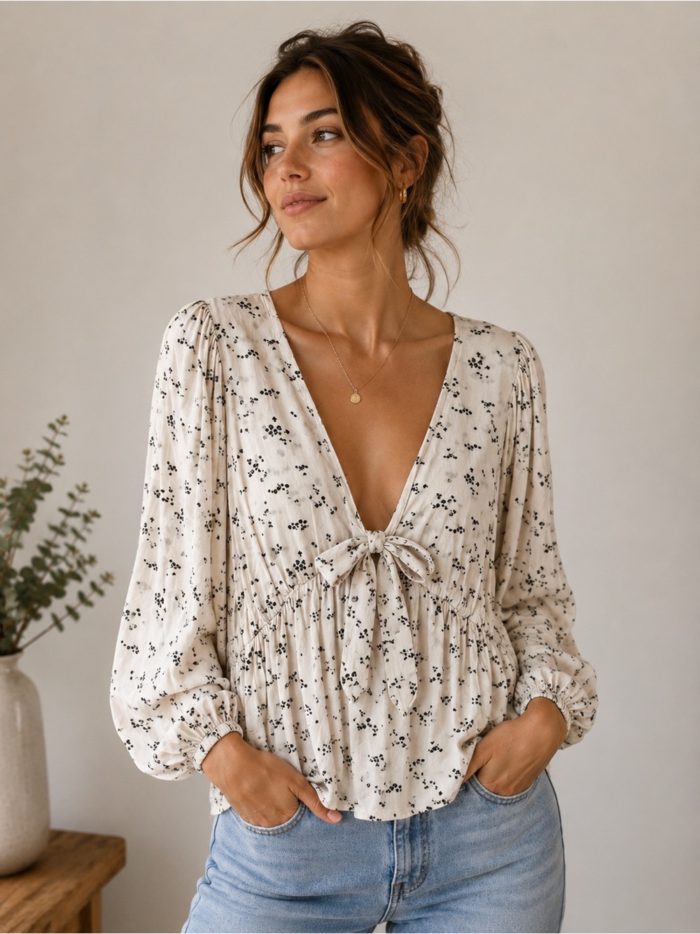 Saltwater LUXE Recycled Viscose Floral Tie-Front Peplum Blouse | Medium